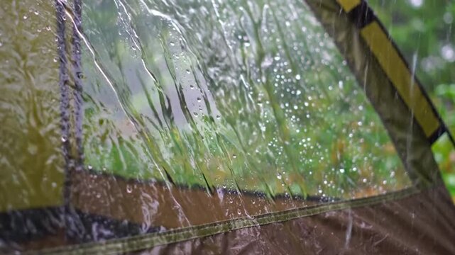 Raindrops on tent window blurry green forest background camping in nature wet weather outdoors