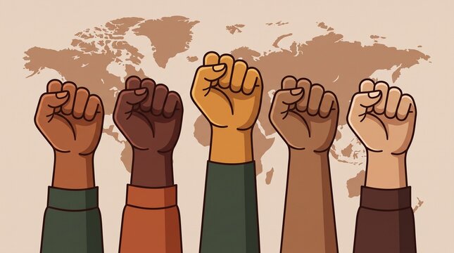 Five fists raised in unity against a world map