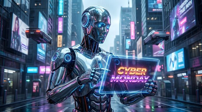 Futuristic chrome robot using a holographic digital tablet in a neon cyberpunk city street.