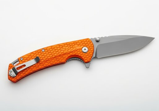 Tactical Folding Pocket Knife with Bright Orange Textured Handle and Matte Grey Blade Isolated on White Background
