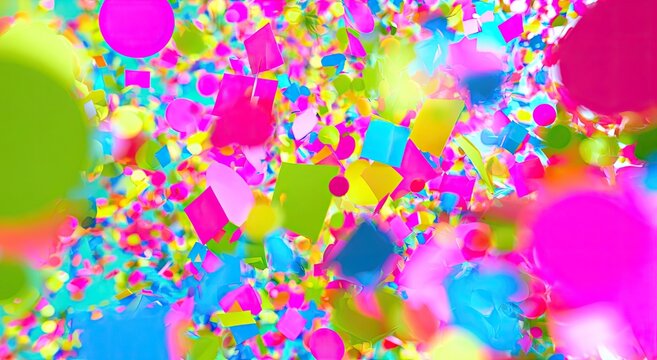 Abstract explosion of vibrant, colorful confetti and geometric shapes in motion