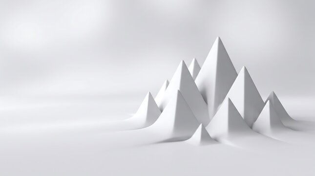 Minimalist 3D background featuring a harmonious cluster of smooth white triangular geometric pyramids merging into a flat base.
