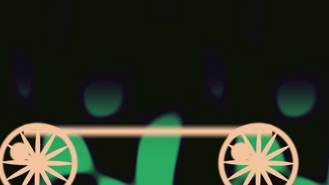 Stylized wagon wheels rolling horizontally against abstract green background