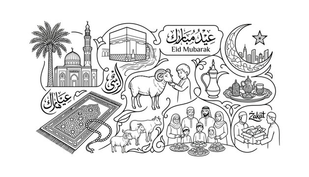 Islamic Eid al Adha Mubarak doodle vector illustration featuring kaaba sheep sacrifice mosque prayer rug family zakat and traditional celebration elements.