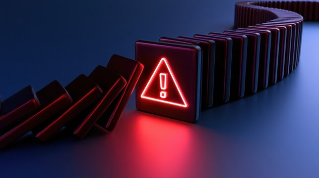 A glowing red warning symbol on a domino blocks chain halting the fall, symbolizing risk prevention or stopping a negative chain reaction.