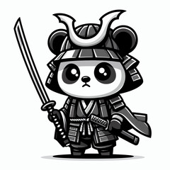 Naklejka premium A cute cartoon panda dressed as a samurai warrior, holding a sword and wearing traditional armor.