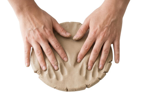 Hands modeling clay on a flat surface isolated on transparent background