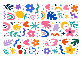 Fototapeta premium Set of colorful abstract floral doodles, playful shapes, and botanical elements