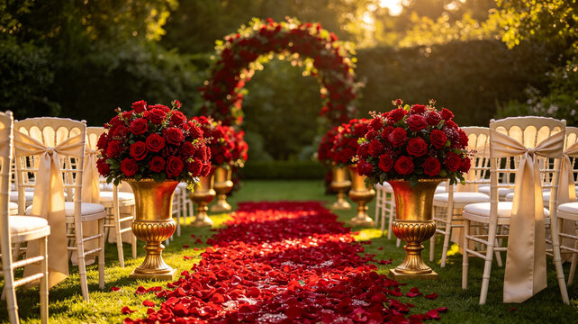 Elegant Outdoor Wedding Ceremony Venue Featuring Lush Red Rose Floral Archway and Petal Covered Aisle with Golden Chair Decor