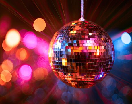 Glittering disco ball hangs illuminated by vibrant, colorful, blurred lights