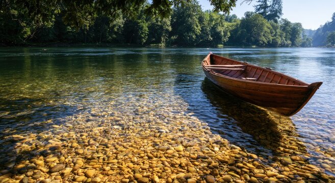 Peaceful wooden rowboat rests on clear, pebble-lined river under sunlight