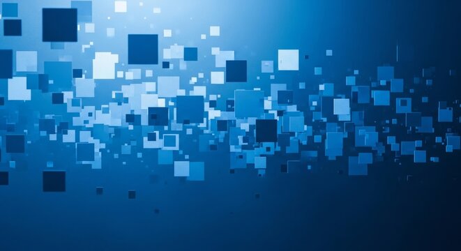 Detailed digital abstract with multidimensional blue squares drifting in a hazy luminous environment with grainy texture
