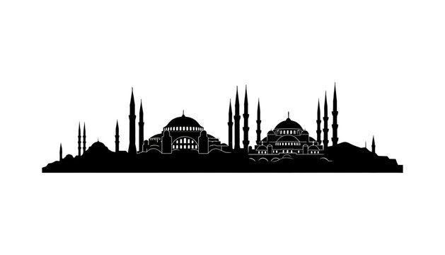 Istanbul skyline panoramic black vector silhouette featuring historic landmarks hagia sophia and blue mosque with detailed minarets and grand domes for city travel concepts