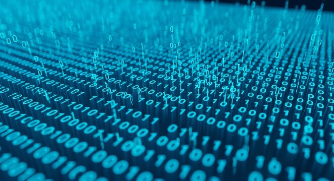 Digital binary data stream flowing through virtual space in glowing blue and cyan tones
