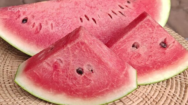 Fresh watermelon slices are arranged to create a beautiful and visually appealing backdrop.
