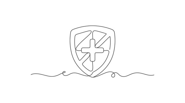 Continuous line drawing of a shield with a plus sign inside representing healthcare protection.