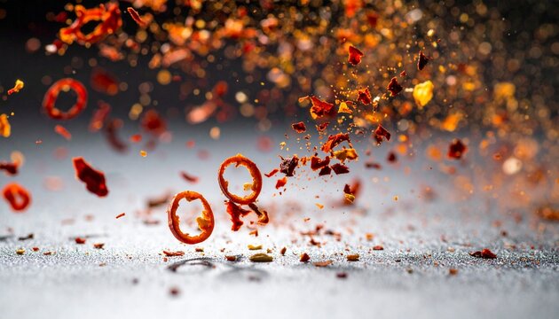 Explosion of vibrant red chili pepper flakes and rings flying through the air in a dynamic action shot