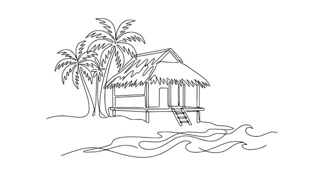 Tropical Beach Hut with Palm Trees and Ocean Waves, Line Art