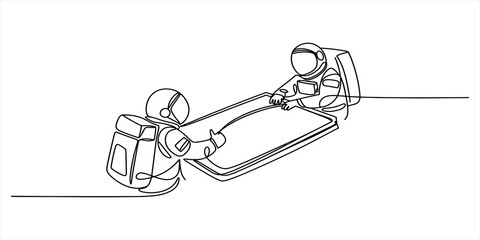 Continuous single line drawing of two astronauts working together looking at a large digital tablet screen in space exploration and modern technology © Rotna