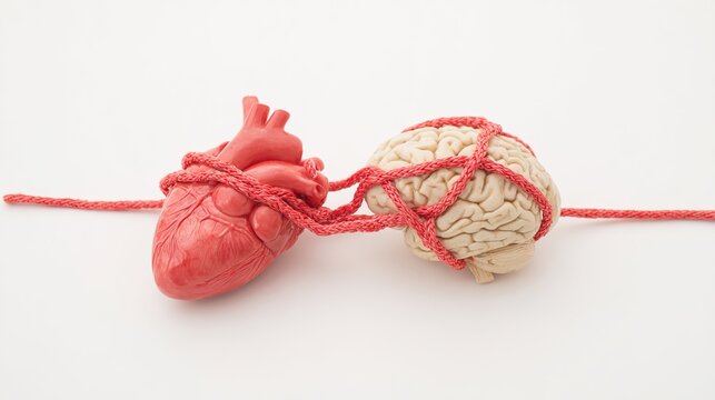 psychology. Artistic depiction of a heart and brain connected by an intricate knot, representing unity and thought. wellbeing guides.
