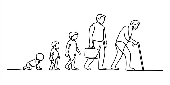 Continuous line drawing showing the human life cycle from a baby crawling to a child and adult and finally an old man walking with a wooden cane