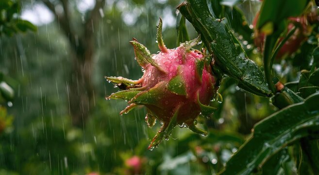 A pink dragon fruit covered in raindrops hangs from a green branch
