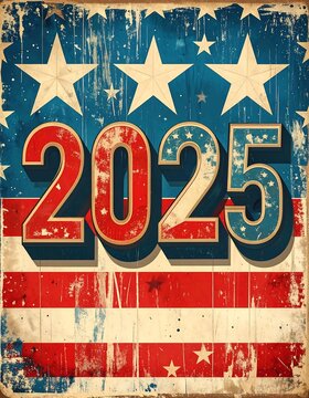 Vintage American Flag Style 2025 New Year Celebration Graphic.