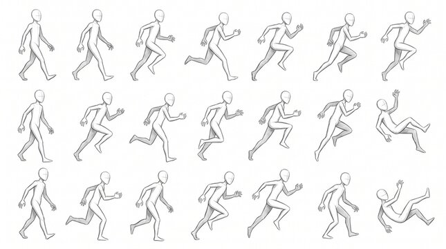 Human Figure Action Poses: Run, Walk, and Fall Animation Reference Sketch