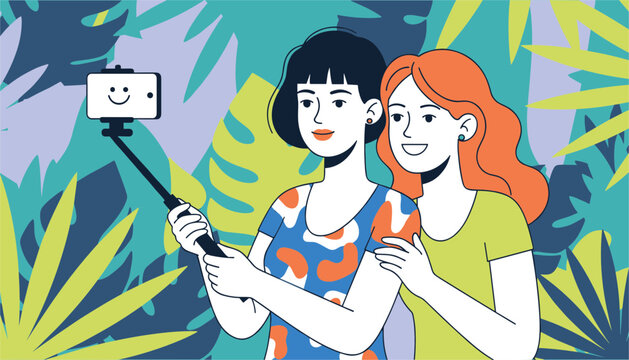 Two women taking a selfie together using a monopod in a lush tropical garden filled with vibrant green palm leaves and plants.