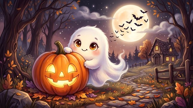 A cute little ghost hugging a glowing jack o lantern in a spooky forest for halloween night celebration