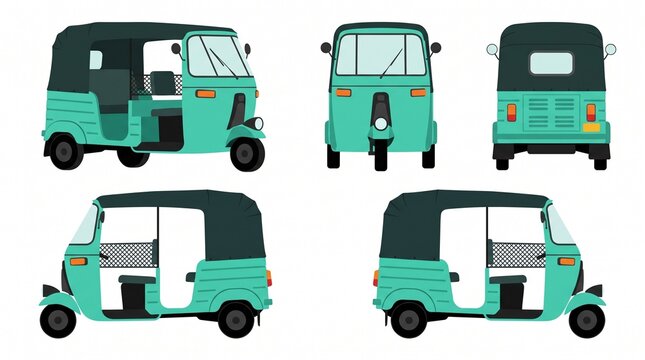 Green Auto Rickshaw Flat Vector Illustration Set with Front, Side, and Back Views
