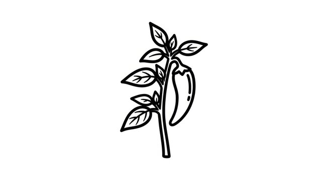 A black and white line drawing of a chili pepper plant.