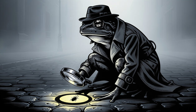 Detective Frog Illustration Wearing Trench Coat and Fedora Investigating with Magnifying Glass