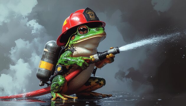 Cute Frog Illustration Wearing Fireman Gear Holding A Water Hose For Emergency Rescue Work