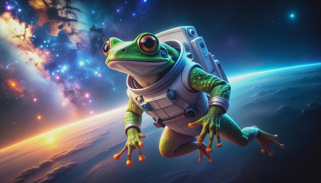Frog Astronaut Space Illustration Floating in Deep Galaxy Orbiting Earth Planet Atmosphere