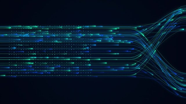 Data Flow Animation with Glowing Blue Lines Pulsing and Weaving Through Network Nodes. Motion Graphics for Technology