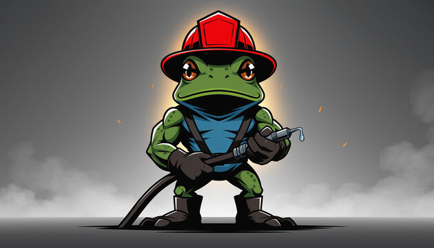 Frog Illustration of a Brave Fireman Frog Character Holding a Fire Hose for Rescue Service