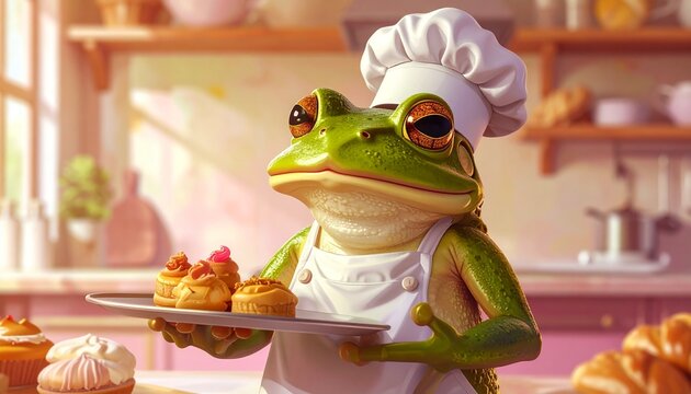 Cartoon green frog chef serving gourmet pastries on tray in cozy bakery kitchen