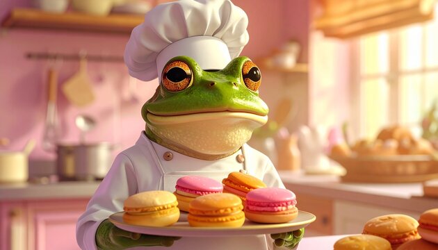 Cartoon frog chef baking colorful macarons in a whimsical bakery kitchen with pastel decor