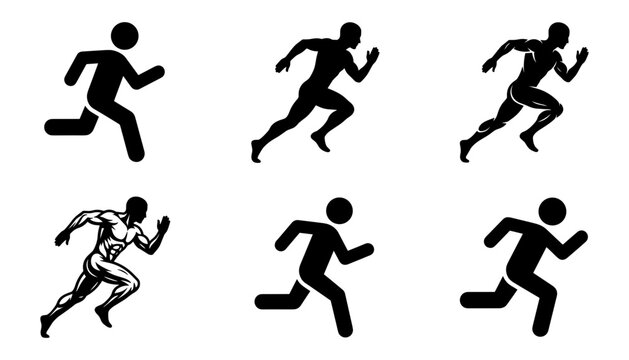 Running Man Silhouette Icon Set with Pictogram Figures and Muscular Sprinter Athlete Symbols for Sports, Fitness, and Track Training Designs