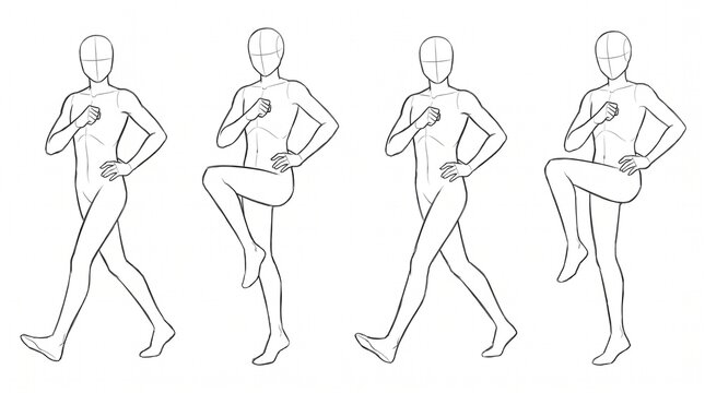 Manga style human body reference poses for walking and marching motion.