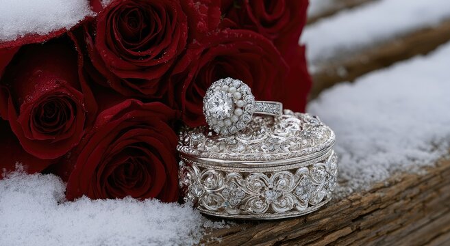 Romantic proposal with roses, sparkling ring, and ornate box in snow