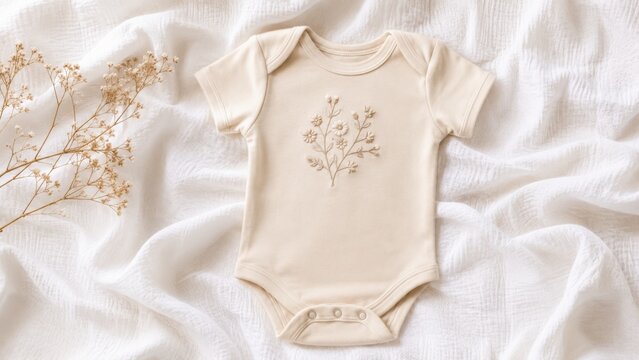 Beige organic cotton baby bodysuit with floral embroidery on white muslin fabric