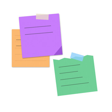 Three colorful square sticky notes with handwritten lines and adhesive tape strips on a plain surface isolated on a transparent background