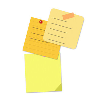 Three stacked paper sticky notes in shades of yellow with lines and a red pushpin and orange tape isolated on a transparent background