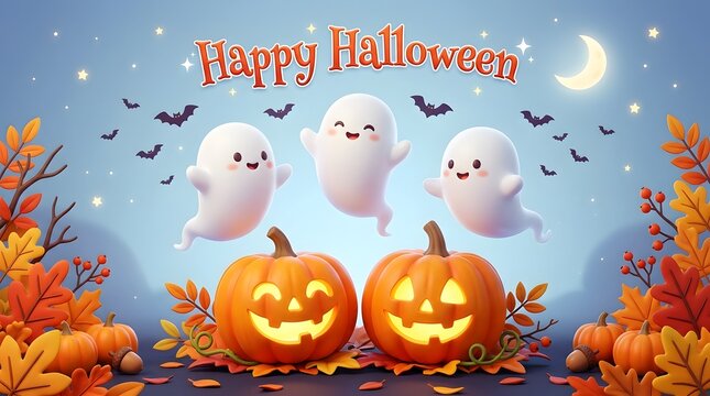Cute cartoon ghosts and glowing jack o lanterns celebrating a fun and spooky halloween night background design