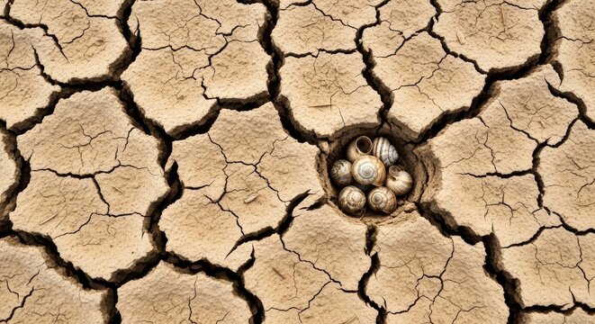Macro shot of deep geometric fissures in parched desert earth with tiny empty snail shells nestled in the shadows