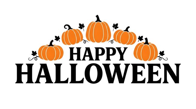 Happy Halloween text design with orange pumpkins isolated on a white background.