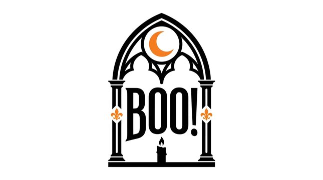 Halloween Boo text with gothic arch and crescent moon icon on white background