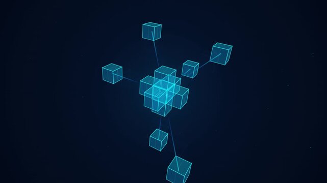 3d Molecular Structures Rotating and Assembling in Abstract Motion Graphics Animation. Glowing Cyan Wireframe Cubes Form
